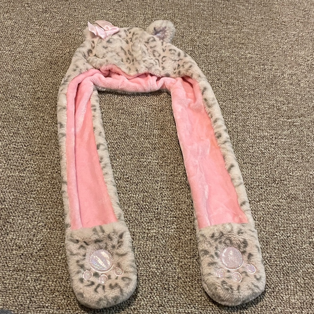 Claire's Pink and Gray Leopard Print Kids Hat with Scarf